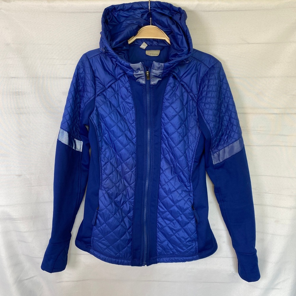 Athleta Rock Springs Hooded Jacket Women M Royal Blue Quilted Hybrid Reflective